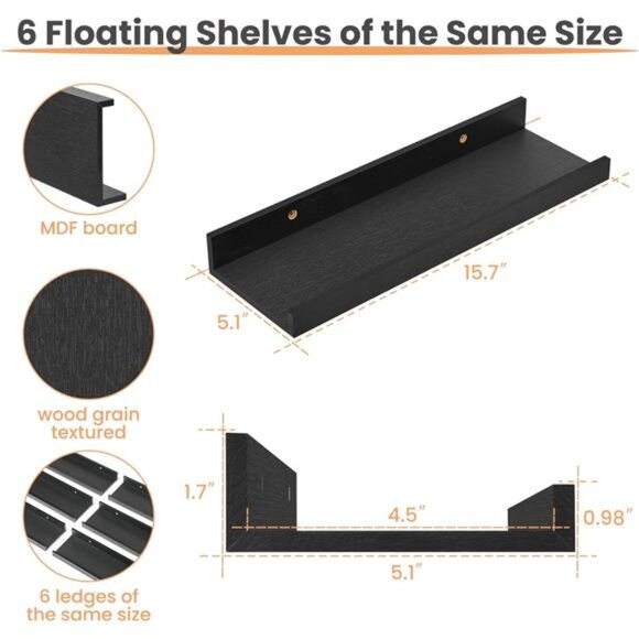 Floating Shelves for Wall, Wall Shelves for Decor Storage Set of 6, - Picture 3 of 7